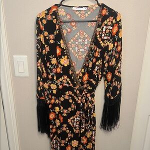 Chic Black and Orange Floral Long Sleeve Kimono Wrap Dress